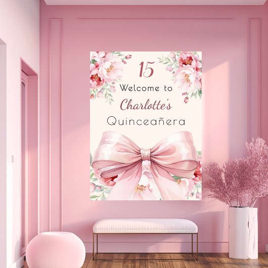 Rosa Bugcreme-Blüten Quinceanera Begrüßungszeichen Poster