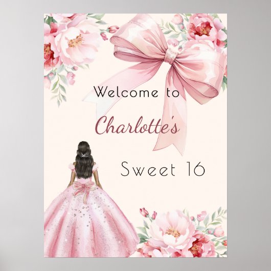 Rosa Bugcreme florale Kleid Sweet 16 willkommen Poster (Vorne)