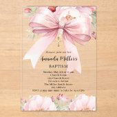 Rosa Bugcreme florale Mädchen klar Taufe Acryleinladungen (Vorderseite)