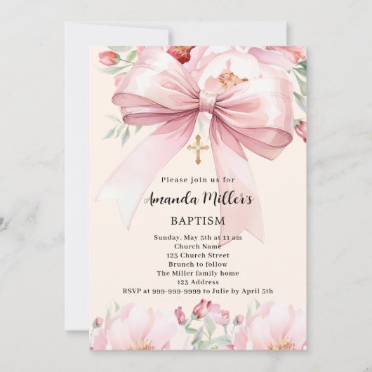 Rosa Bugcreme florals Mädchen Taufe Einladung (Vorderseite)
