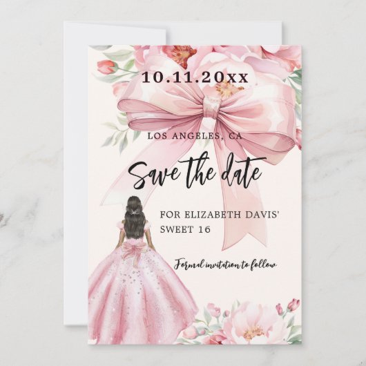 Rosa Bugcreme Kleid Sweet 16 Save the Date Karte (Vorderseite)