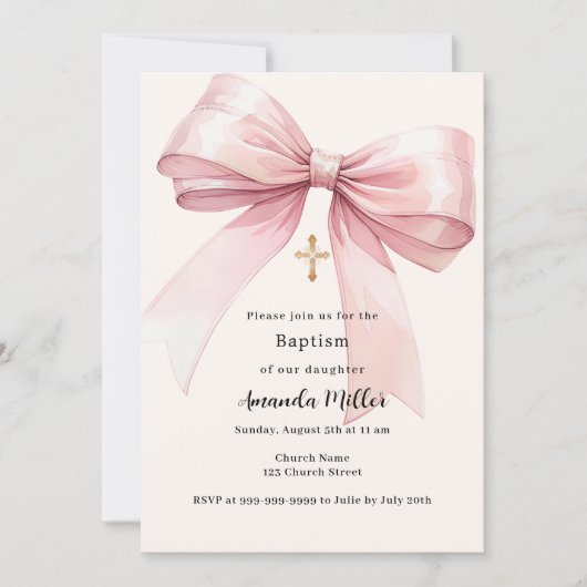 Rosa Bugcreme Mädchen Taufe Einladung (Vorderseite)