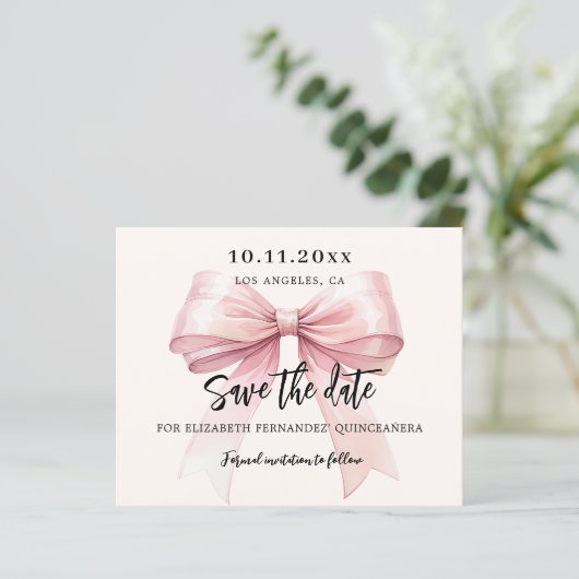 Rosa Bugcreme Quinceanera Save the Date (Stehend Vorderseite)
