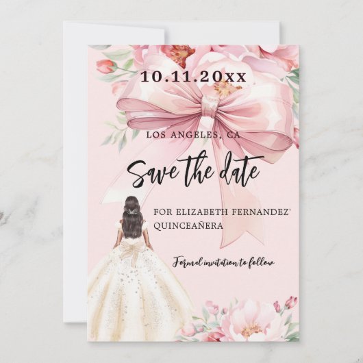 Rosa Bugkleid Quinceanera Save the Date Karte (Vorderseite)