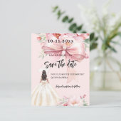 Rosa Bugkleid Quinceanera Save the Date Karte (Stehend Vorderseite)