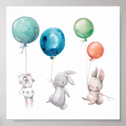 Rosa Bunnies Rabbits Balloons Art Print Poster (Vorne)