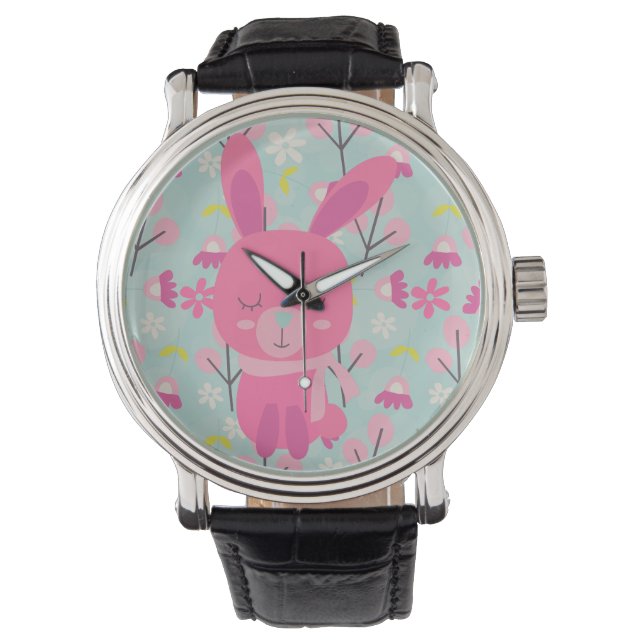 Rosa Bunnies und Blume Armbanduhr (Vorderseite)