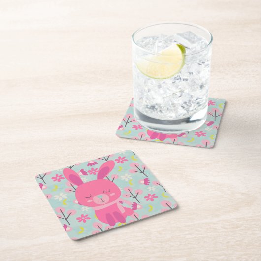 Rosa Bunnies und Blume Rechteckiger Pappuntersetzer (Vor Ort)