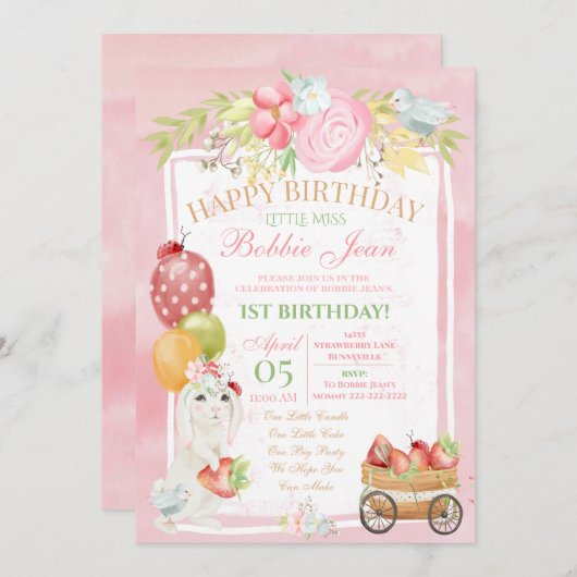 Rosa Bunny Ladybug Erdbeeren Geburt Einladung (Vorne/Hinten)
