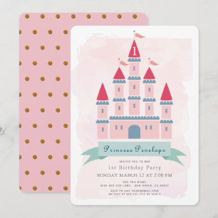 Rosa Burg Princess Girl 1. Geburtstag Einladung