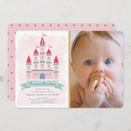 Rosa Burg Princess Girl Foto 1. Geburtstag Einladung