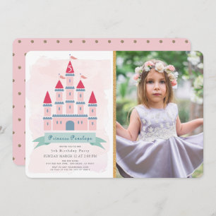 Rosa Burg Princess Girl Foto Geburtstag Einladung