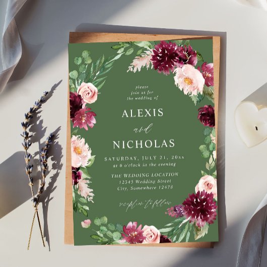 Rosa & Burgund Bläschen 7 Hochzeiten - Grün Einladung