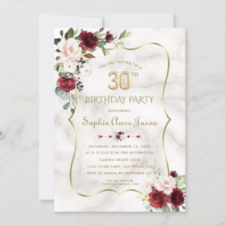Rosa Burgund Blume Gold Marmor 30. Geburtstag Einladung