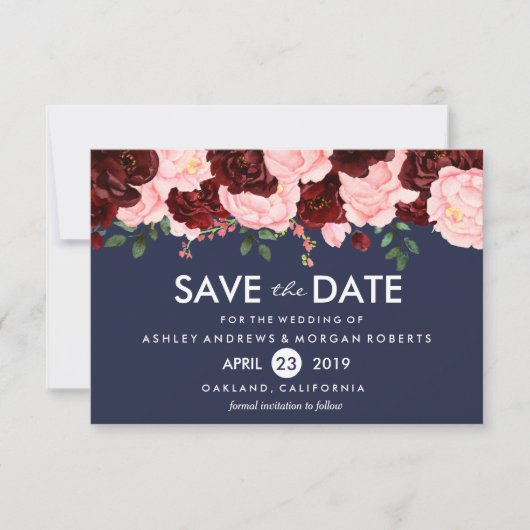 Rosa Burgund Blume Hochzeit der Marine speichern d Save The Date (Vorderseite)