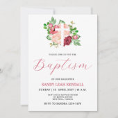 Rosa Burgund Blumenkreuz Taufe Einladung (Vorderseite)