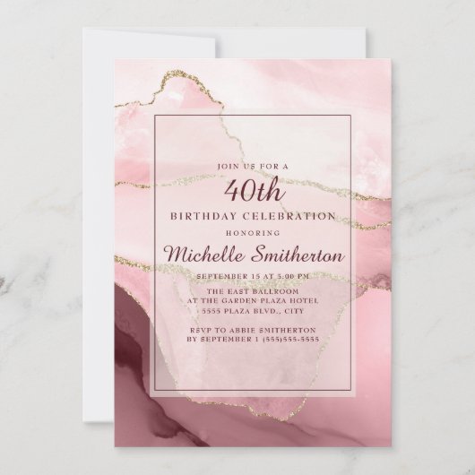 Rosa Burgund Gold Marmor Agate 40. Geburtstag Einladung (Vorderseite)