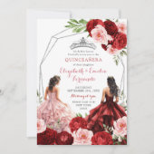 Rosa Burgund Red Twins Royal Princesses 15 Años Einladung (Vorderseite)