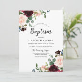 Rosa & Burgund Rote Blume Taufe Christening Einladung (Stehend Vorderseite)