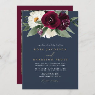 ROSA Burgund und Navy-Floral-Winter-Hochzeit Einladung