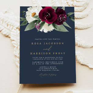 ROSA Burgund und Navy-Floral-Winter-Hochzeit Einladung