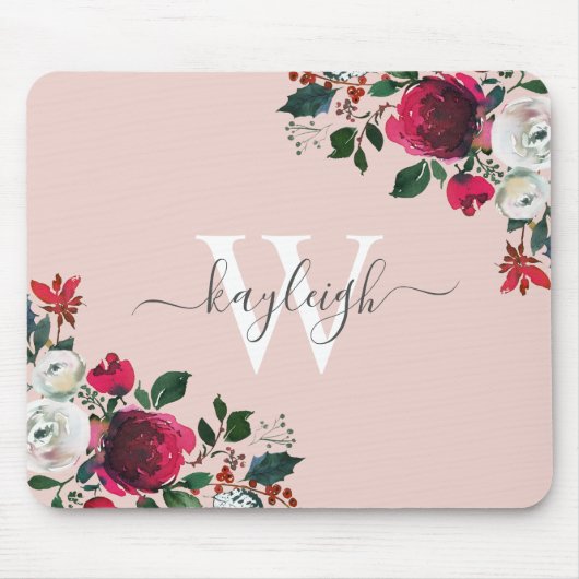 Rosa Burgund Wasserfarbe Rose Mit Monogramm Mousepad (Vorne)