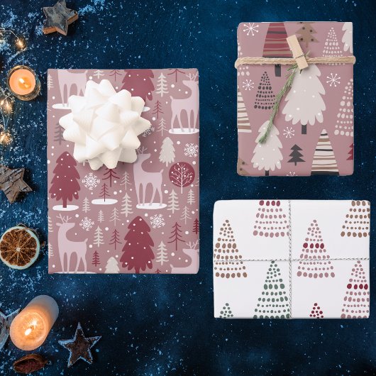 Rosa Burgund Weihnachtsbaum Geschenkpapier Set