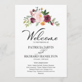Rosa-Burgunder-Blumen-Aquarell-Hochzeitsprogramm Programm (Vorderseite)