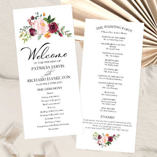 Rosa-Burgunder-Blumen-Aquarell-Hochzeitsprogramm Programm
