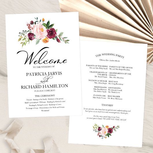 Rosa-Burgunder-Blumen-Aquarell-Hochzeitsprogramm Programm