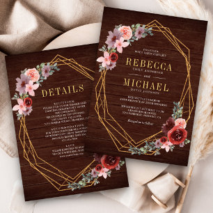 Rosa Burgunder Blumen Gold All-in-One Holz Hochzei Einladung