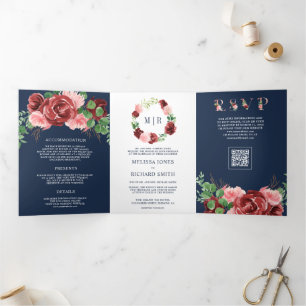 Rosa Burgunder Blumen Navy Blau QR-Code Hochzeit Dreifach Gefaltete Einladung