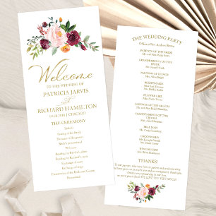 Rosa Burgunder Florales Gold Hochzeitsprogramm Programm
