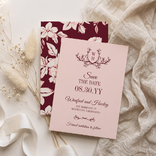 Rosa-Burgunder-Grünpflanzen-Monogramm-Hochzeit Save The Date