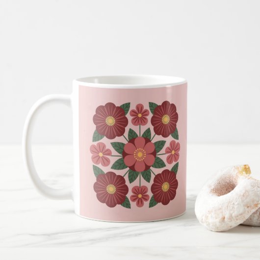 Rosa-Burgunderrote Blumen-Tasse Kaffeetasse (Mit Donut)