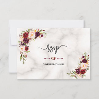 Rosa Burgundy Marsala Floral Gold Marmor Hochzeit RSVP Karte