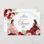 Rosa Burgundy Red Twins Sweet 16 Einladung (Vorne/Hinten)