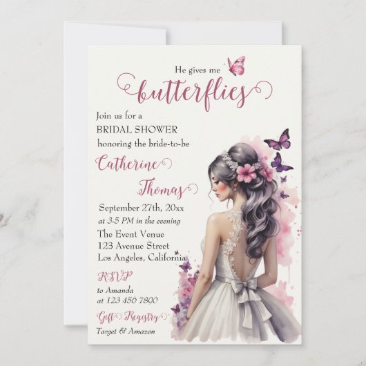 Rosa Butterfliegen Blumenzwiebelgezwitscher Brautp Einladung (Vorderseite)