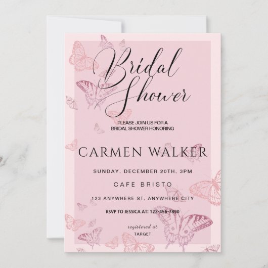 Rosa Butterfly Bridal Dusche Einladung (Vorderseite)
