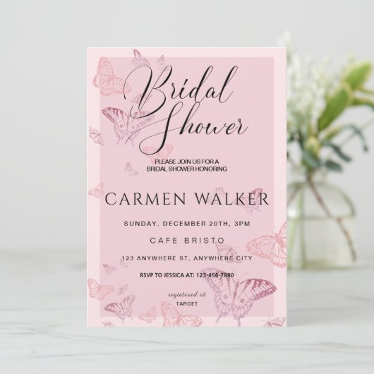 Rosa Butterfly Bridal Dusche Einladung (Stehend Vorderseite)