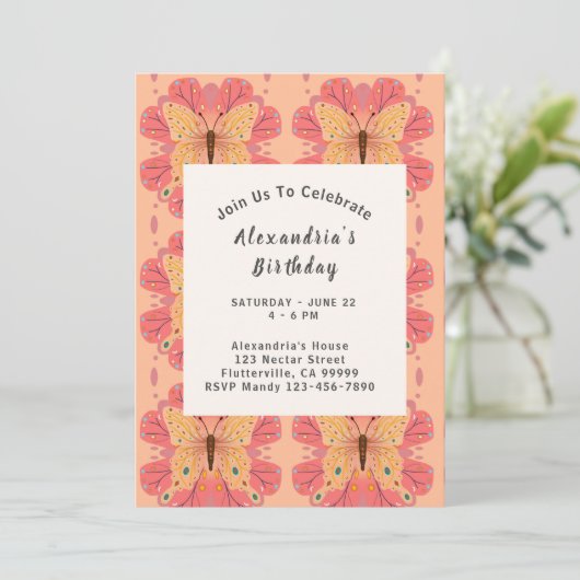 Rosa Butterfly Einladung (Stehend Vorderseite)