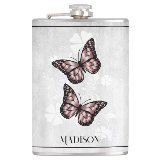 Rosa Butterfly Floral Flask Flachmann (Vorderseite)