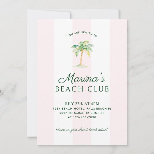 Rosa Cabana Stripes Palm Beach Club Einladung (Vorderseite)