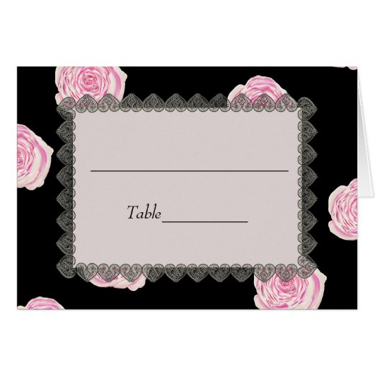 Rosa Cabbage Rose & Black Lace Hochzeit Platzkarte (Vorderseite (Horizontal))