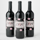 Rosa Cabbage Rose und Black Lace Hochzeit Weinetikett (Flaschen)