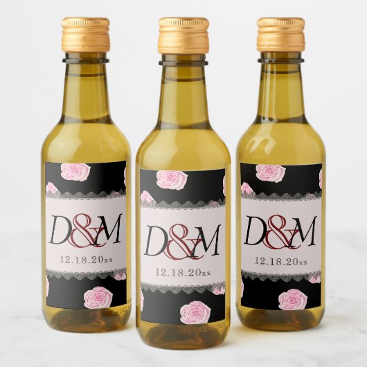 Rosa Cabbage Rose und Black Lace Hochzeit Weinetikett (Flaschen)