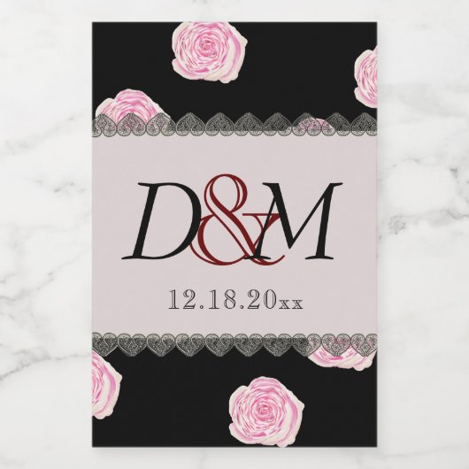 Rosa Cabbage Rose und Black Lace Hochzeit Weinetikett (Einzelnes Label)