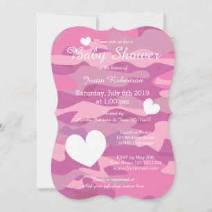 Rosa Camouflage Babydusche Einladungen mit Herz