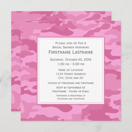 Rosa Camouflage Brautparty oder Vertragspartei Einladung (Vorne/Hinten)