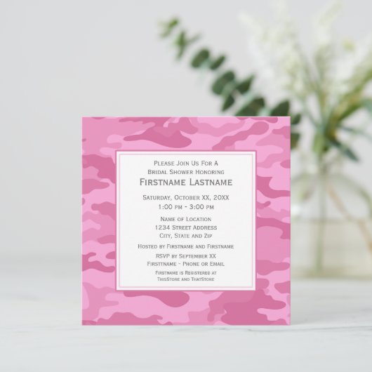 Rosa Camouflage Brautparty oder Vertragspartei Einladung (Stehend Vorderseite)